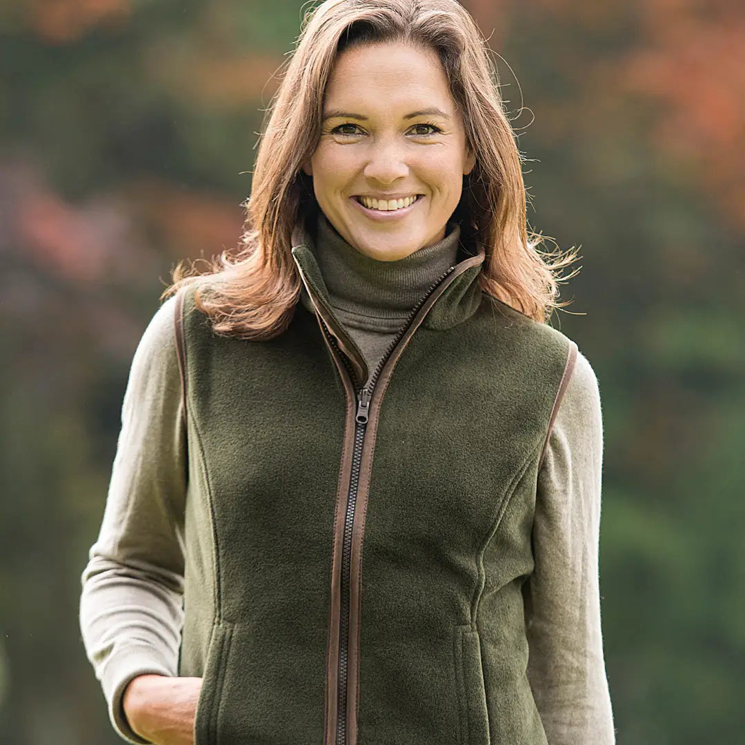 Smiling woman in Baleno Sally Ladies fleece bodywarmer made of cozy sherpa fleece fabric