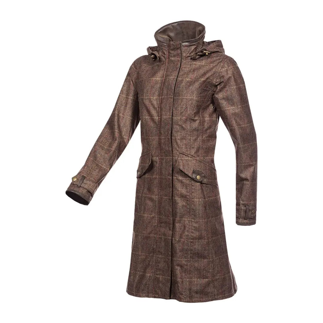 Long brown leather coat with hood and pockets in innovative technical printed tweed fabric