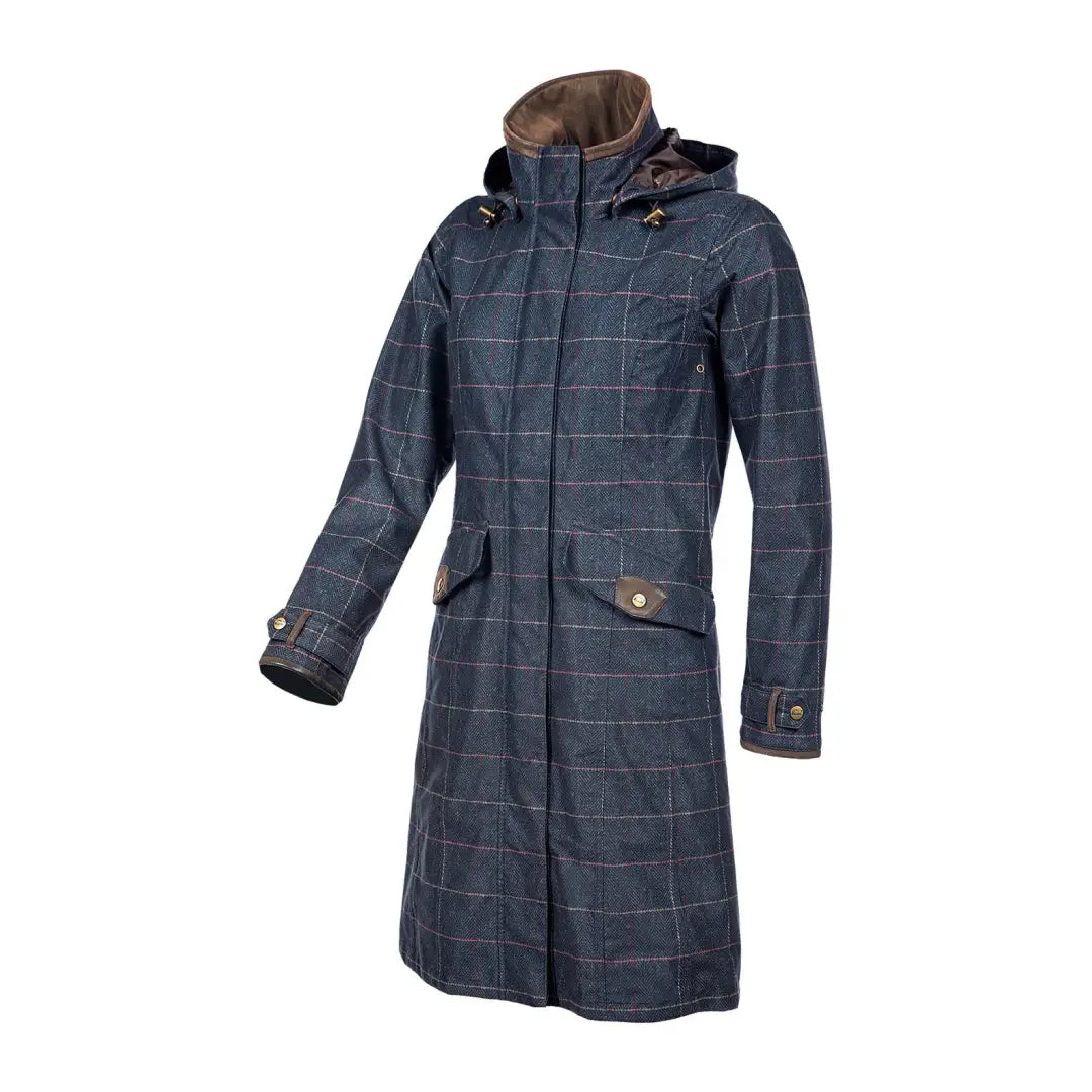 Long navy blue winter coat with plaid pattern and hood, perfect for stylish printed tweed looks