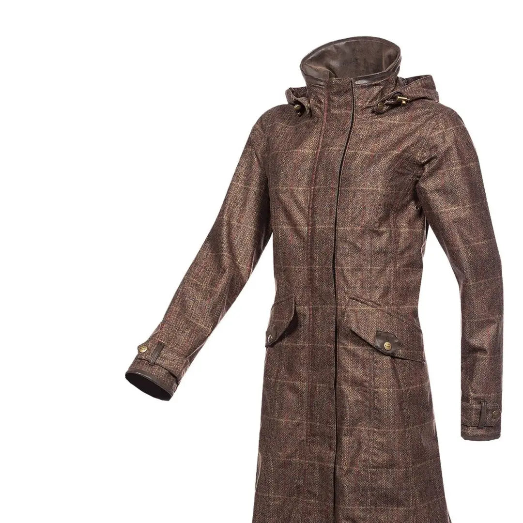 Brown plaid hooded winter coat in printed tweed fabric with front pockets, perfect for chilly days