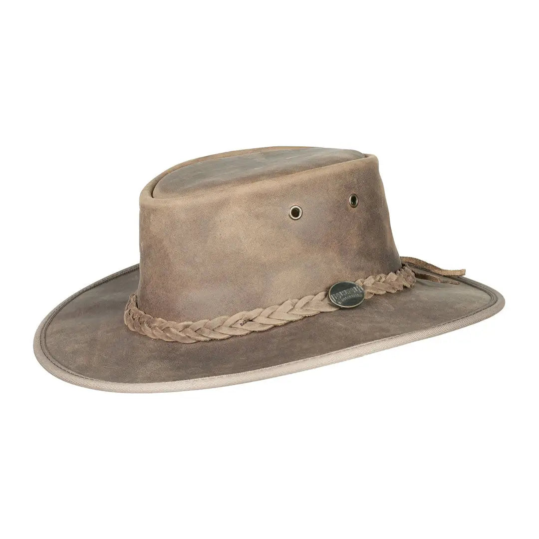 Tan leather Barmah Bronco Foldaway Hat with braided band in hickory cow hide style