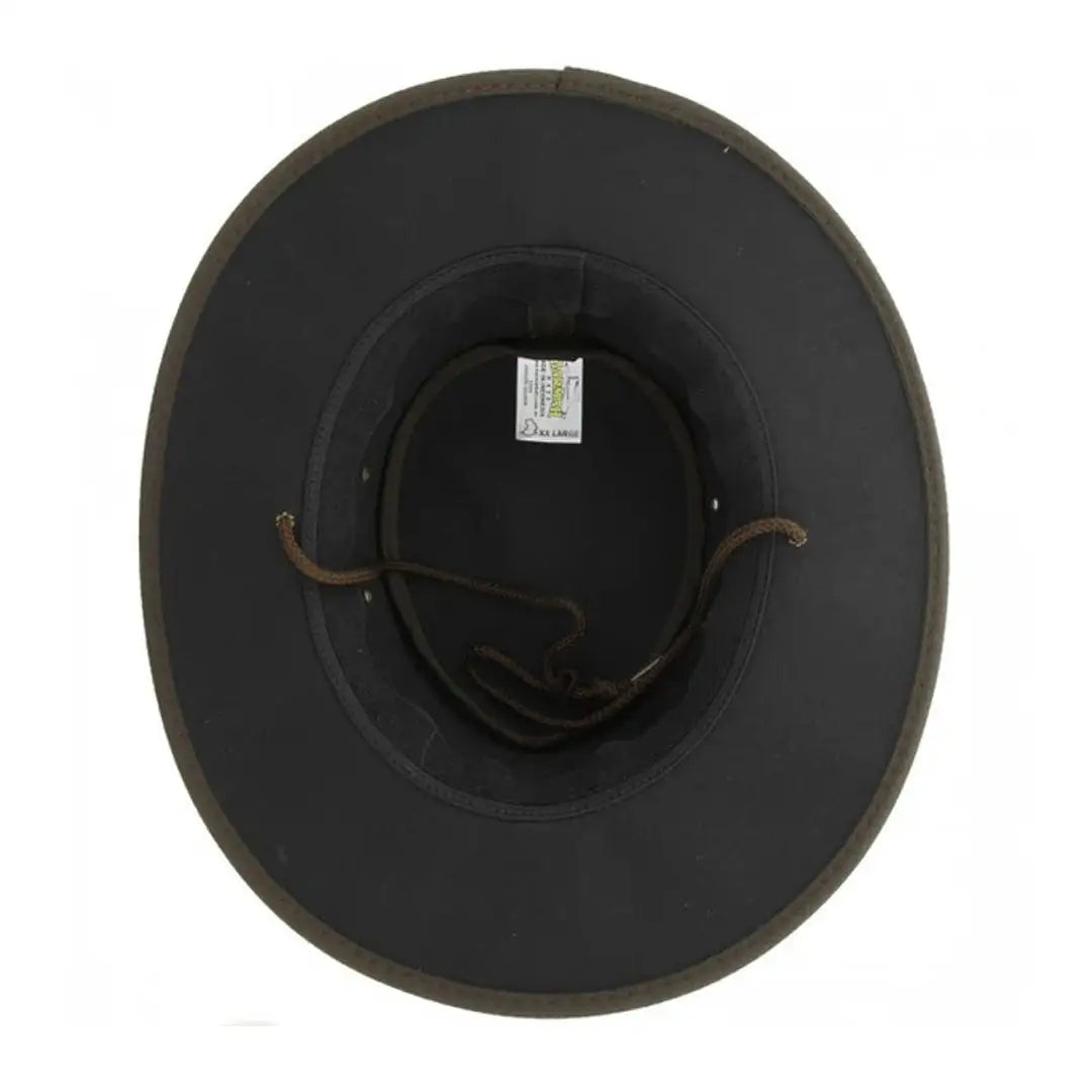 Black cowboy hat interior view of Barmah Drovers Oilskin Canvas Hat for outdoor style