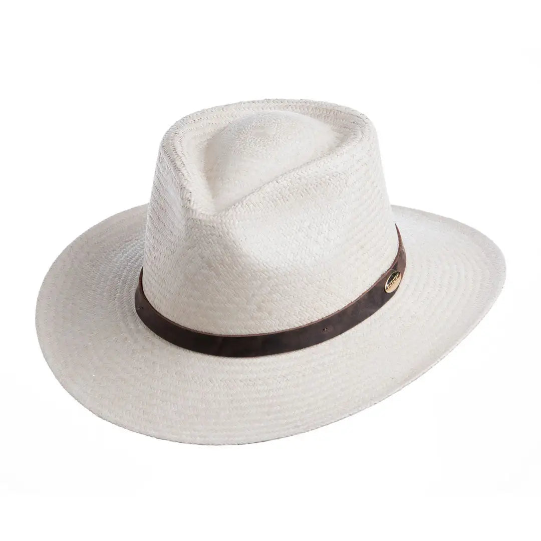 White fedora-style Barmah Fine Raffia Outback Panama Hat with a brown band