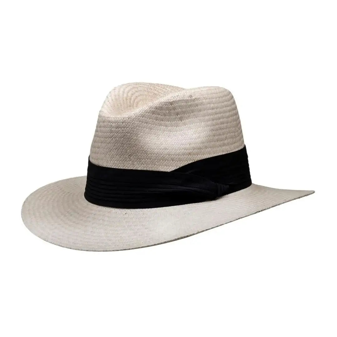 White Barmah Fine Raffia Safari Fedora Hat featuring a stylish black band