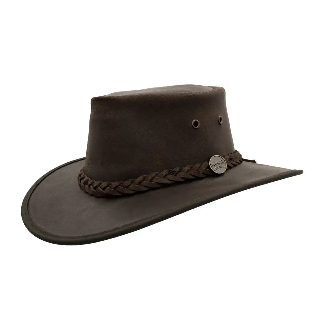 Brown leather outback hat with braided band, perfect for oiled leather hat lovers