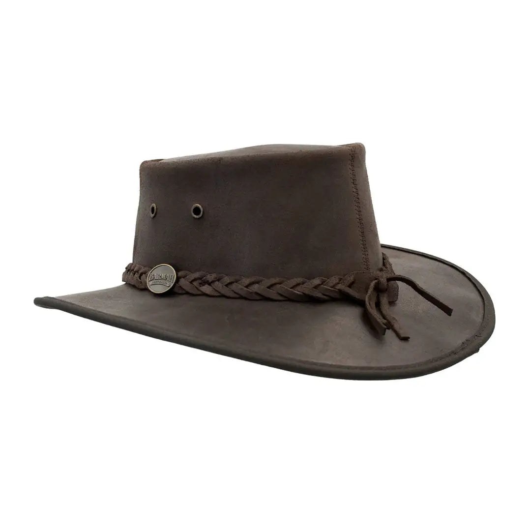 Brown Barmah Squashy Oiled Leather Hat with braided band, perfect for outdoor adventures