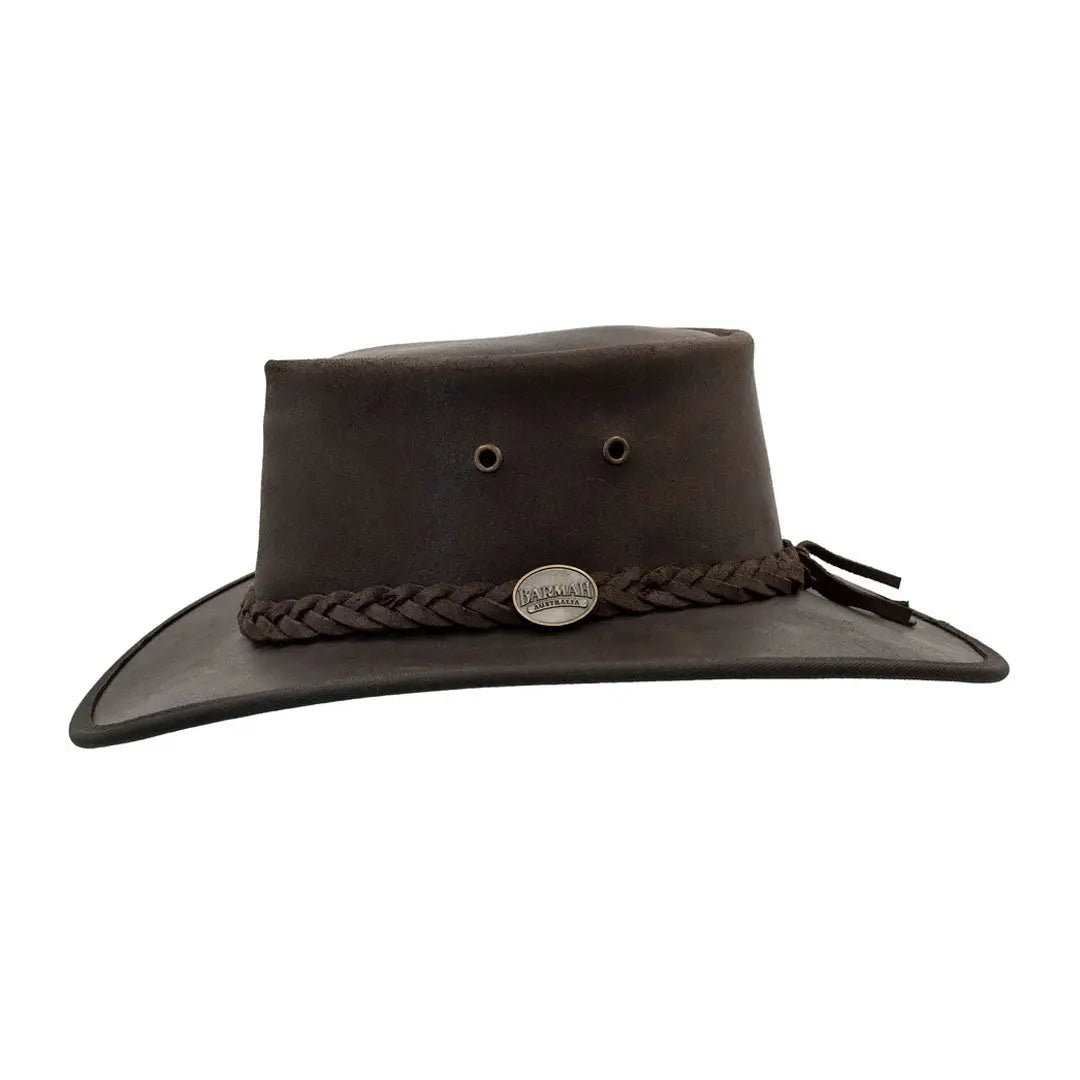 Dark brown Barmah Squashy Oiled Leather Hat with braided band and metal emblem