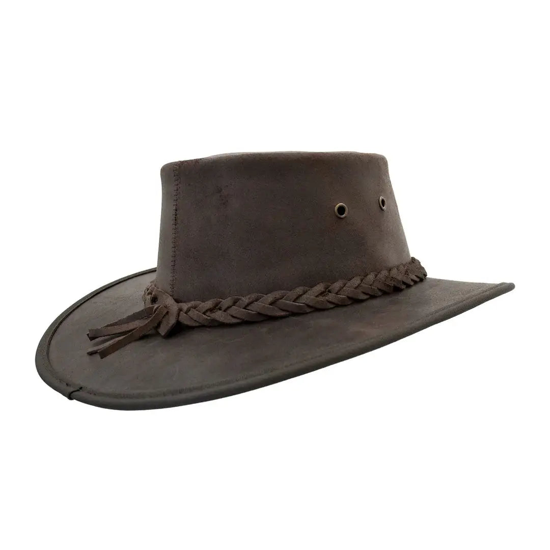 Dark brown oiled leather hat with braided band, perfect for outdoor adventures