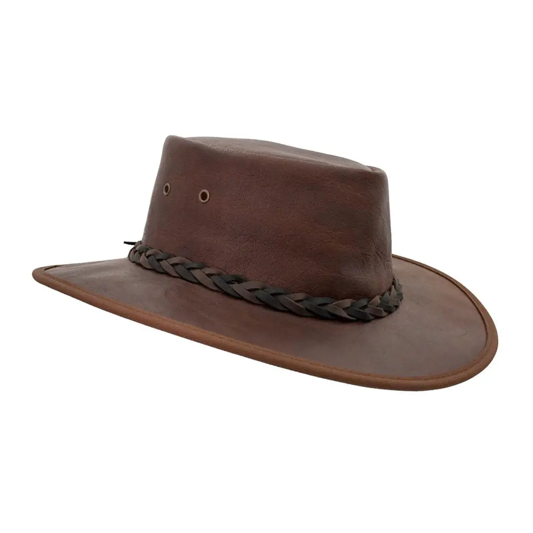 Brown leather hat featuring a braided band, perfect for outdoor adventures