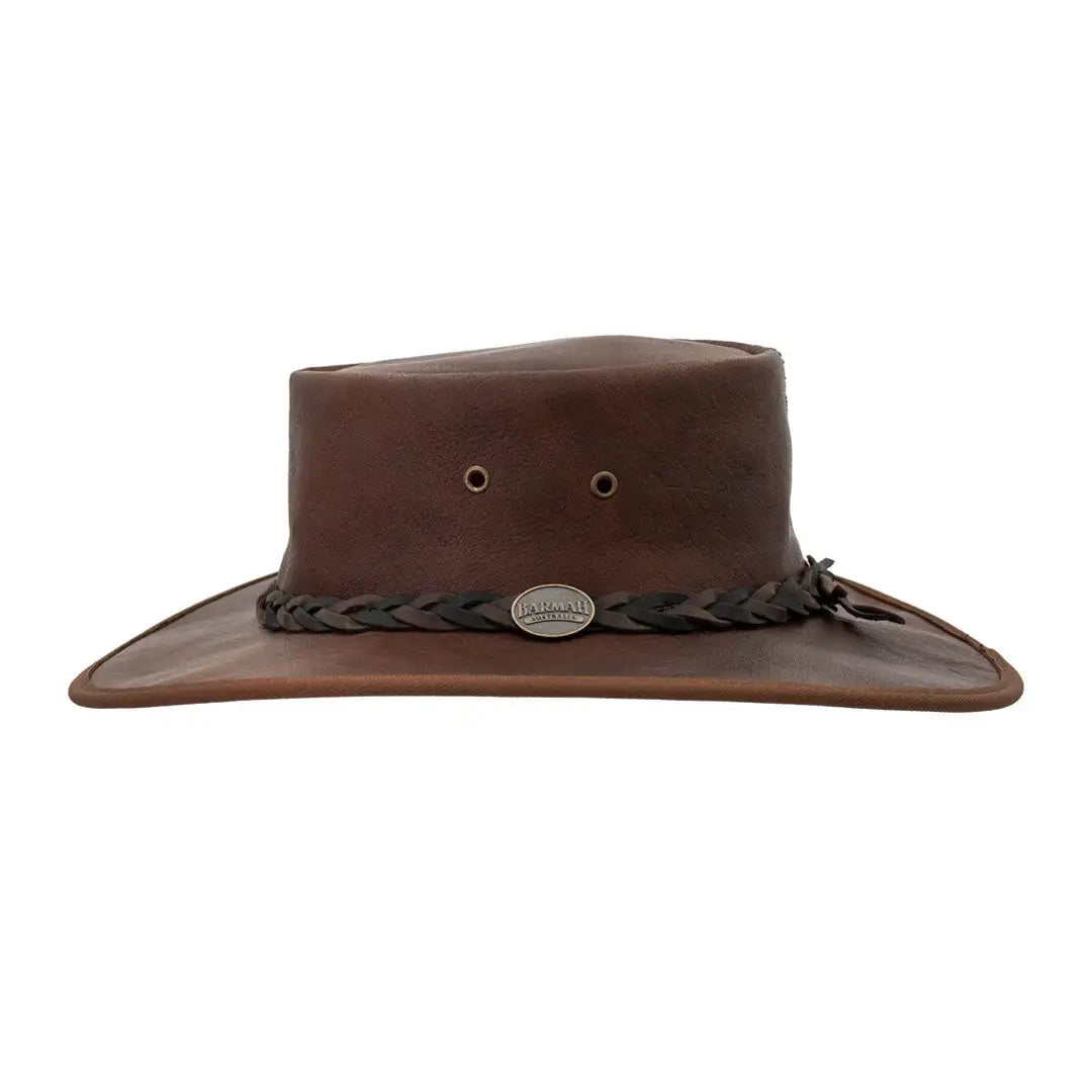 Brown leather cowboy hat with braided band and metal emblem from Barmah Squashy Roo Leather Hat