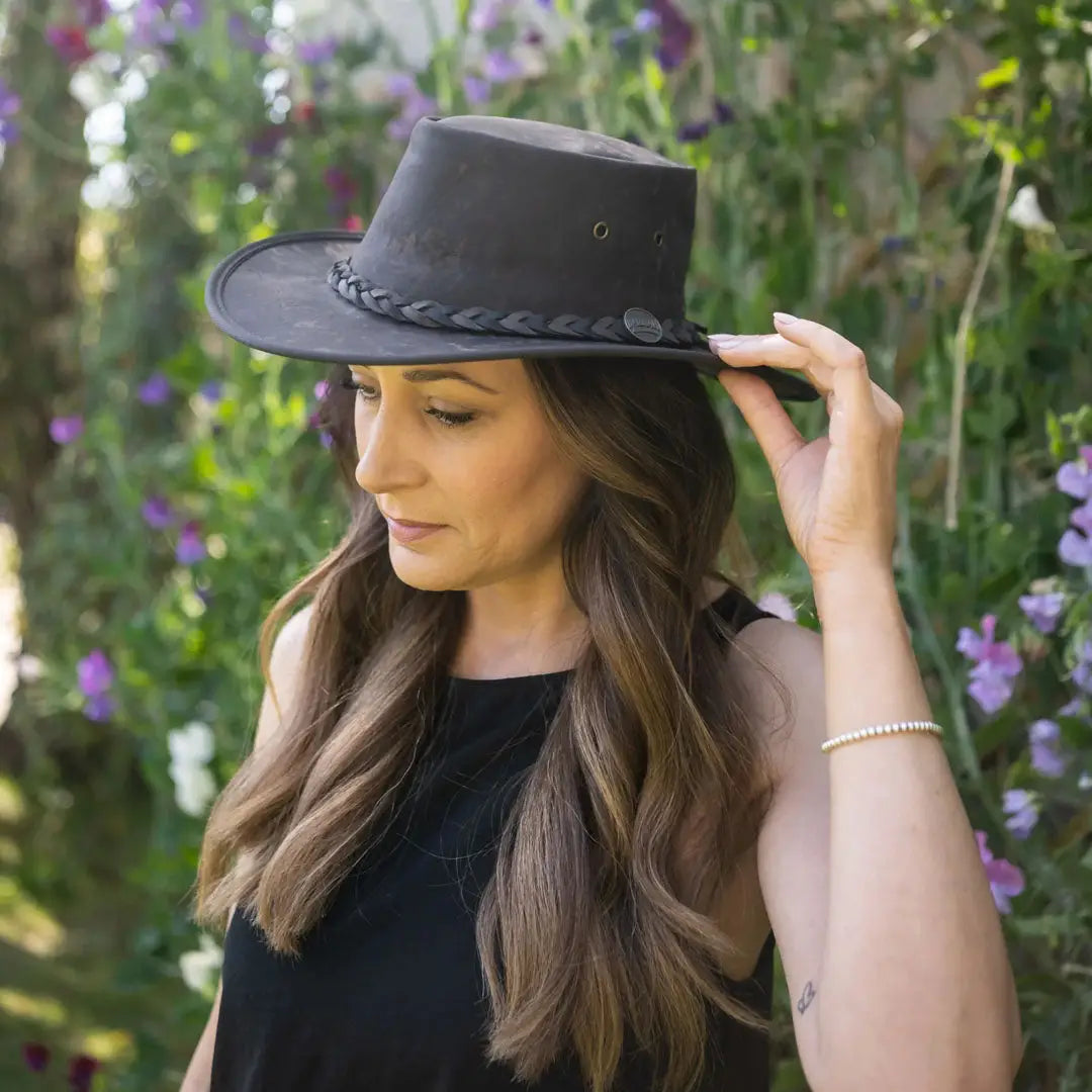 Gray wide-brimmed Barmah Squashy Roo Leather Hat made of lightweight kangaroo leather