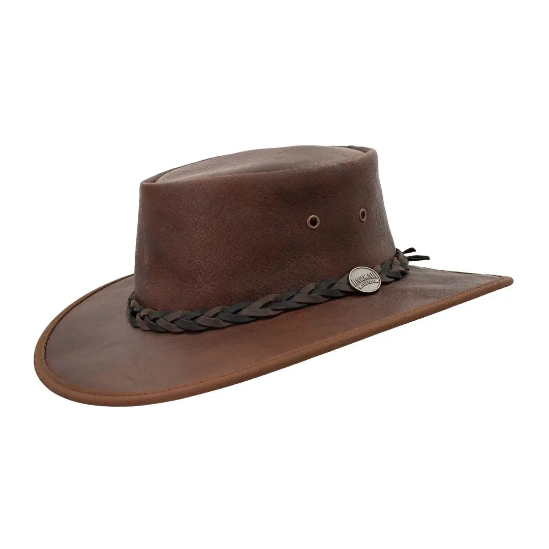 Brown leather hat featuring a braided band, made from high-quality kangaroo leather