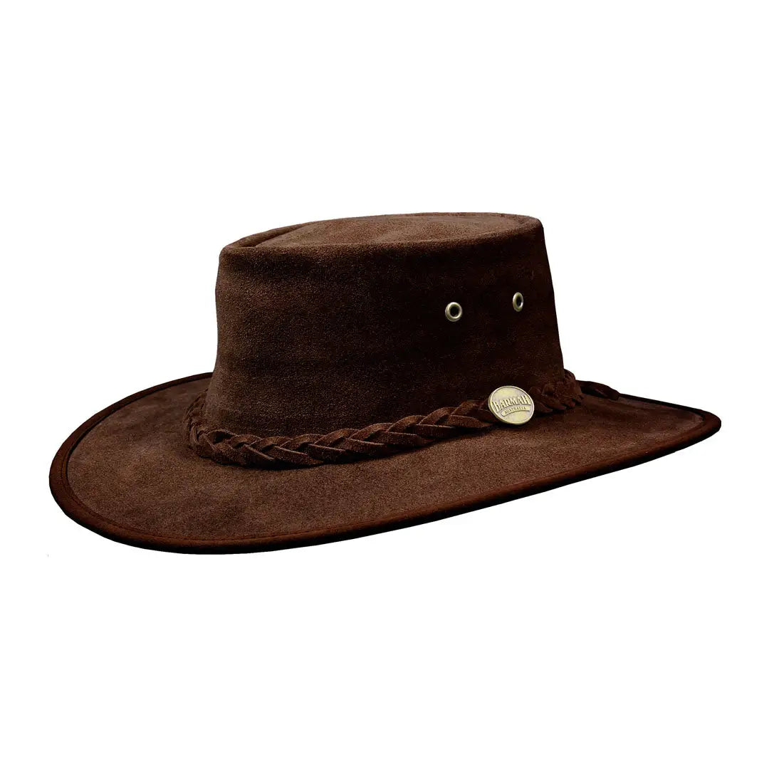 Brown suede leather Barmah Squashy Hat with braided band, perfect for outback adventures