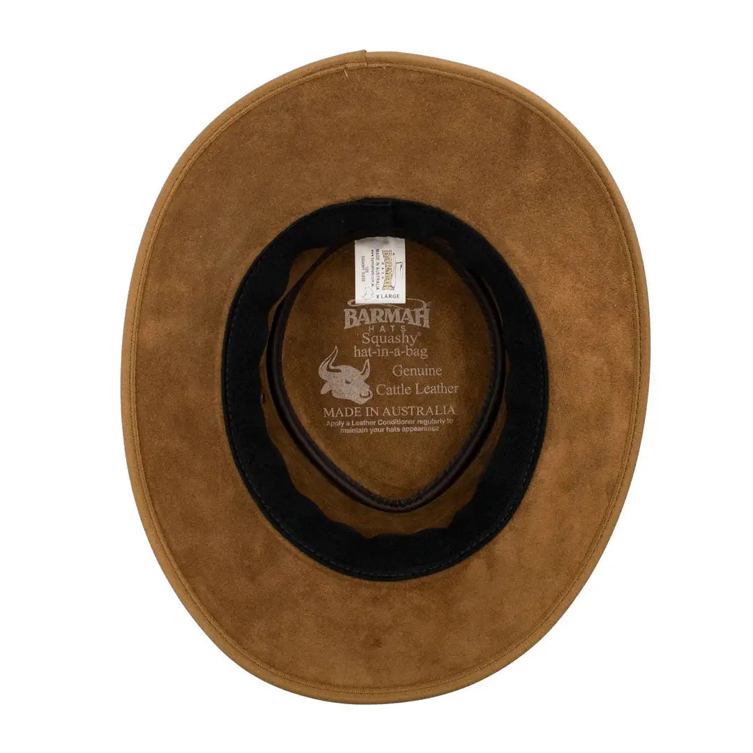 Brown leather cowboy hat from above, featuring Barmah squashy suede design