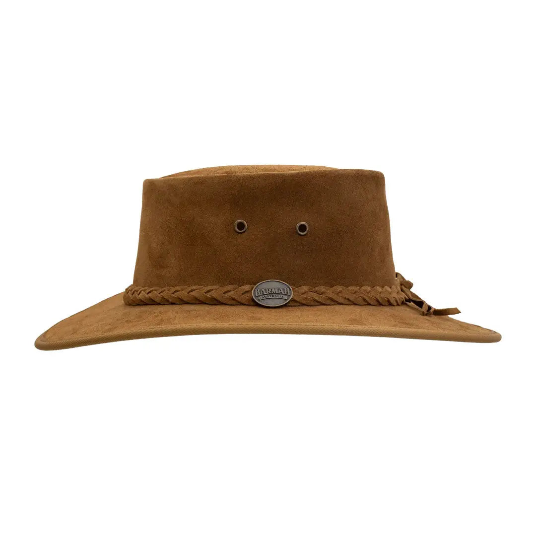 Brown Barmah Squashy Suede Leather Hat with braided band and metal emblem