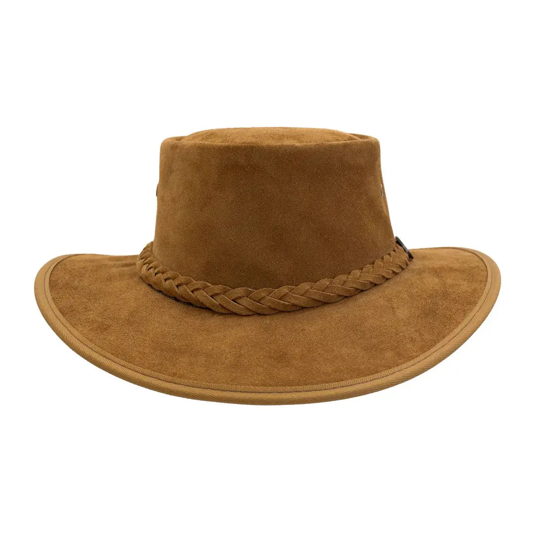 Tan suede leather cowboy hat with braided band from Barmah Squashy Suede collection