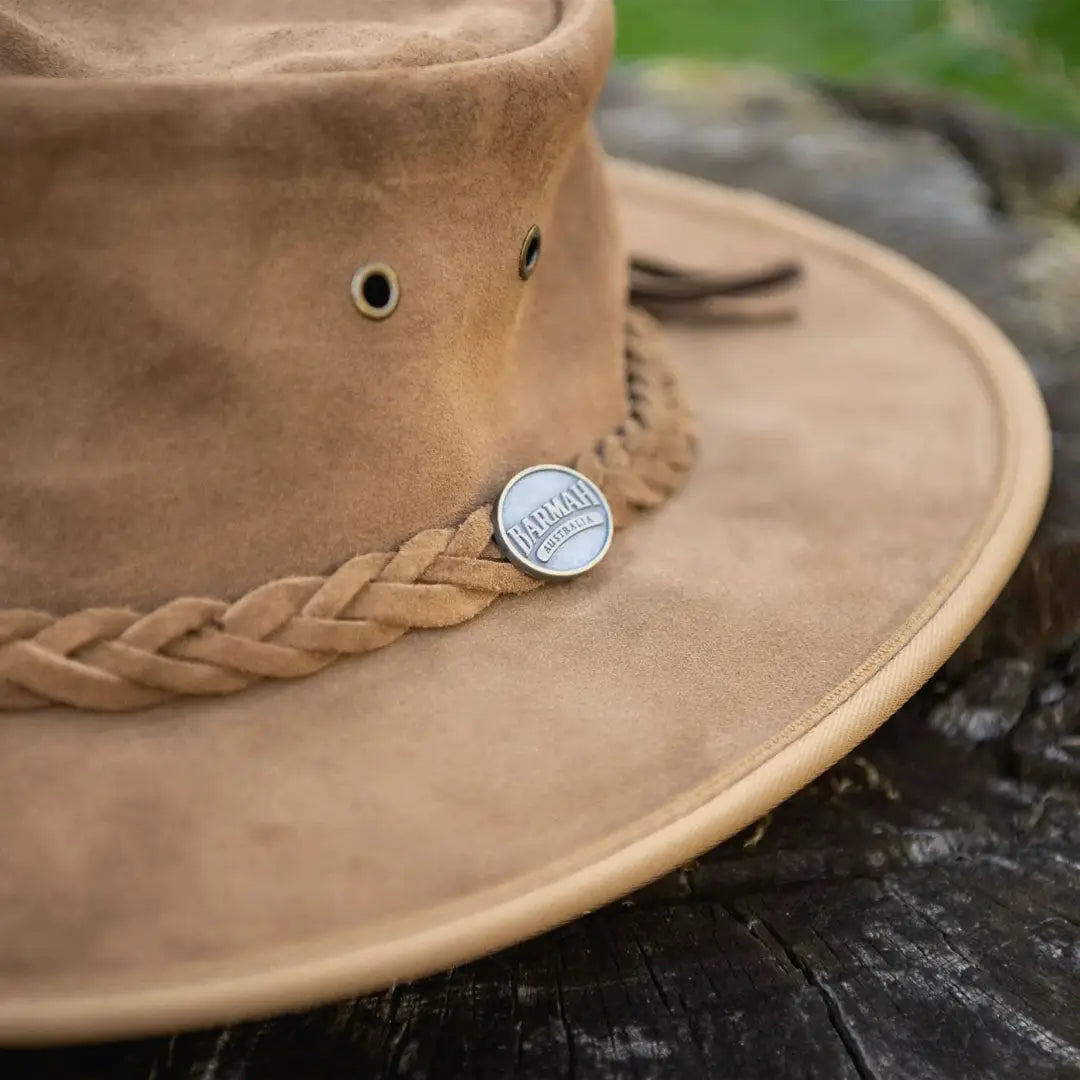 Tan Barmah Squashy Suede Leather Hat with braided band and circular pin