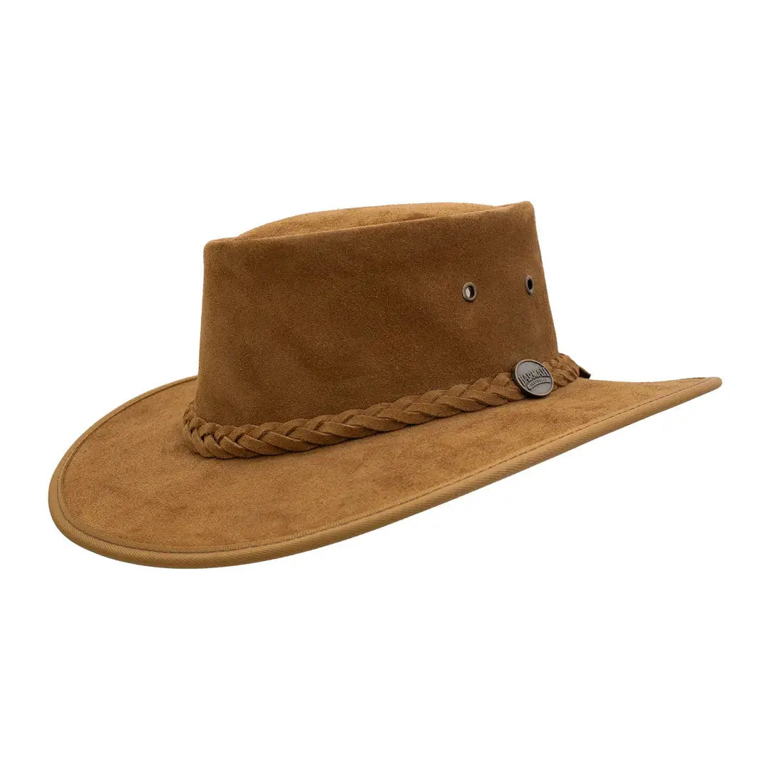 Tan Barmah Squashy Suede Leather Hat with a braided band perfect for outdoor adventures