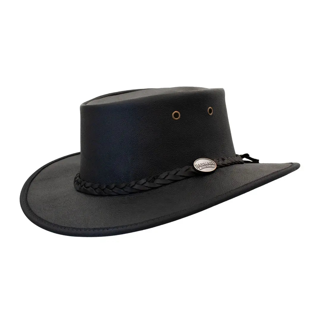 Black leather Barmah Sundowner Roo Hat with braided band, made from lightweight kangaroo leather