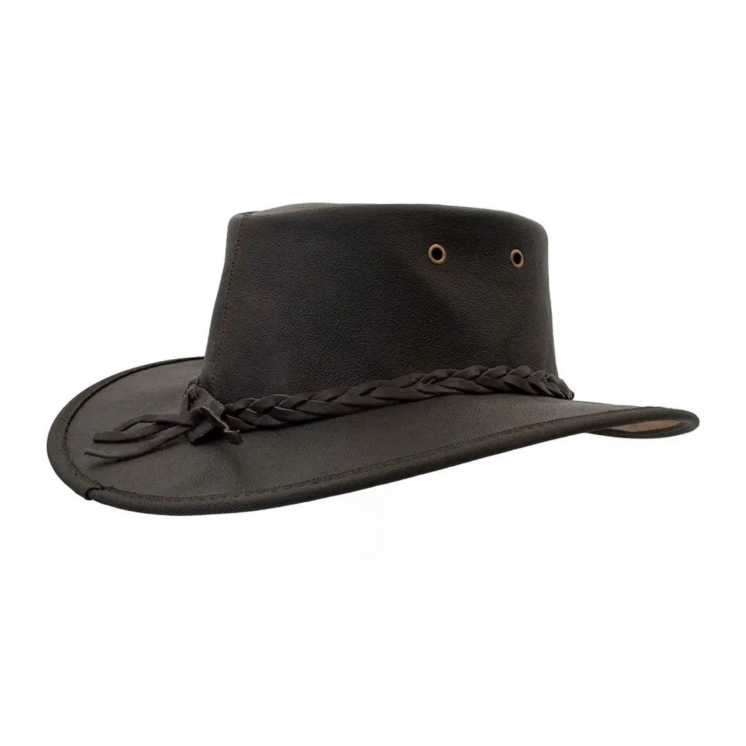 Dark leather cowboy hat featuring a braided band, made from lightweight kangaroo leather