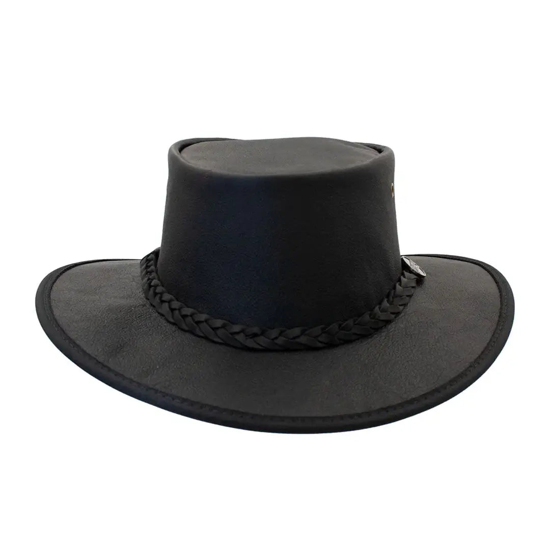 Black leather cowboy hat with braided band, featuring lightweight kangaroo leather design