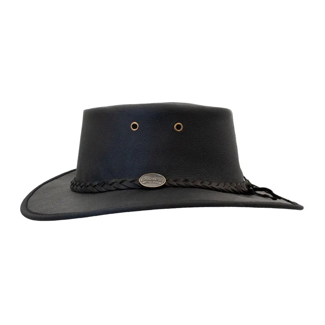 Black leather cowboy hat with a braided band, made from lightweight Kangaroo leather