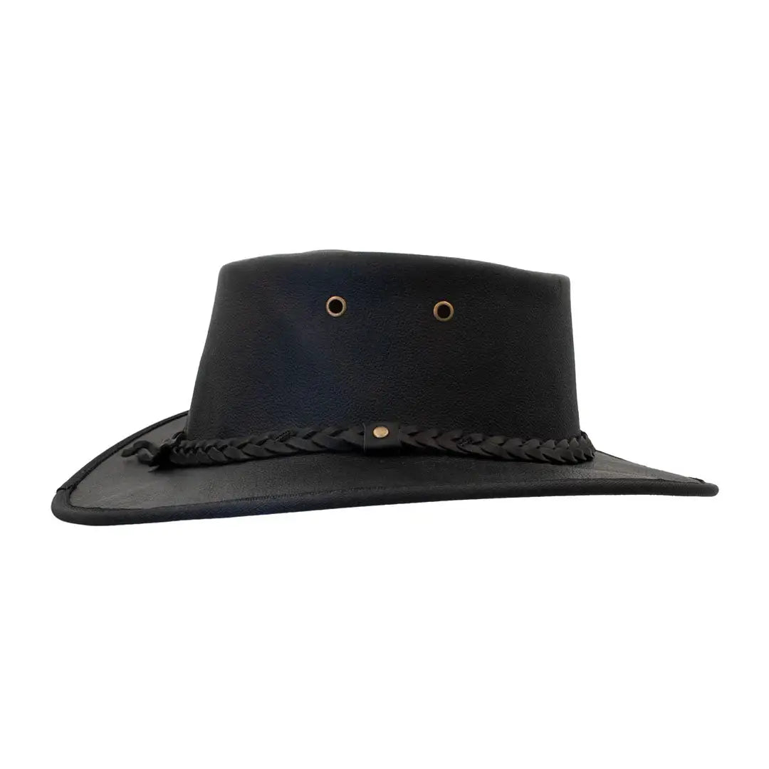 Black leather Barmah Sundowner Roo Leather Hat with a stylish braided band