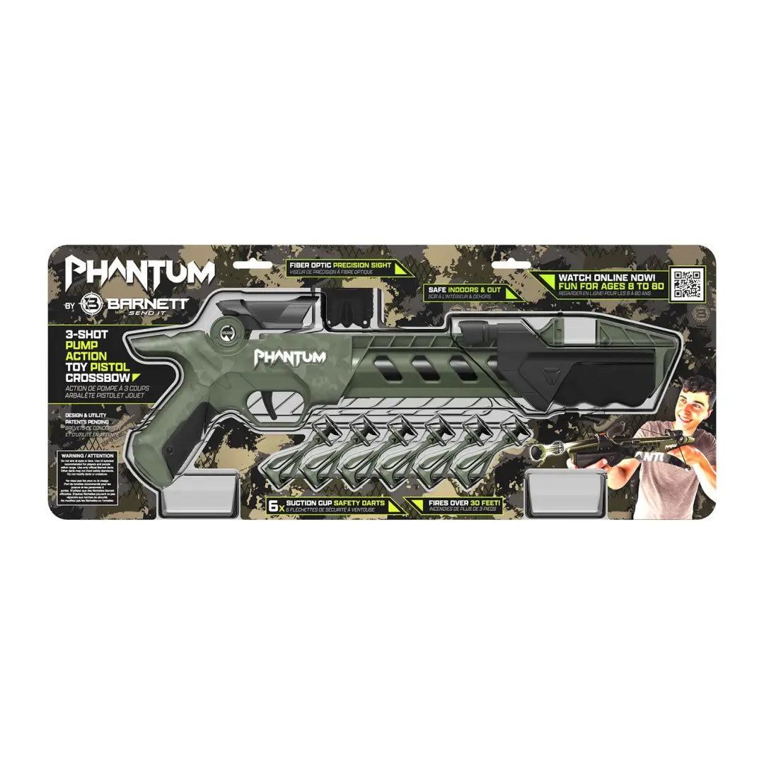 Toy gun and foam darts in packaging for Barnett Phantum, perfect for hunting outdoors fun