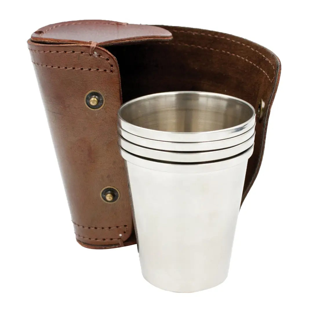 Stainless steel cups with brown leather case in Bisley 3.5oz cup set