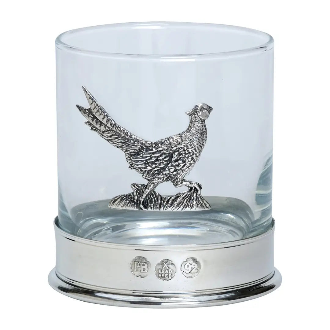 Glass tumbler with metal base and pewter pheasant for Bisley Running Pheasant Whisky