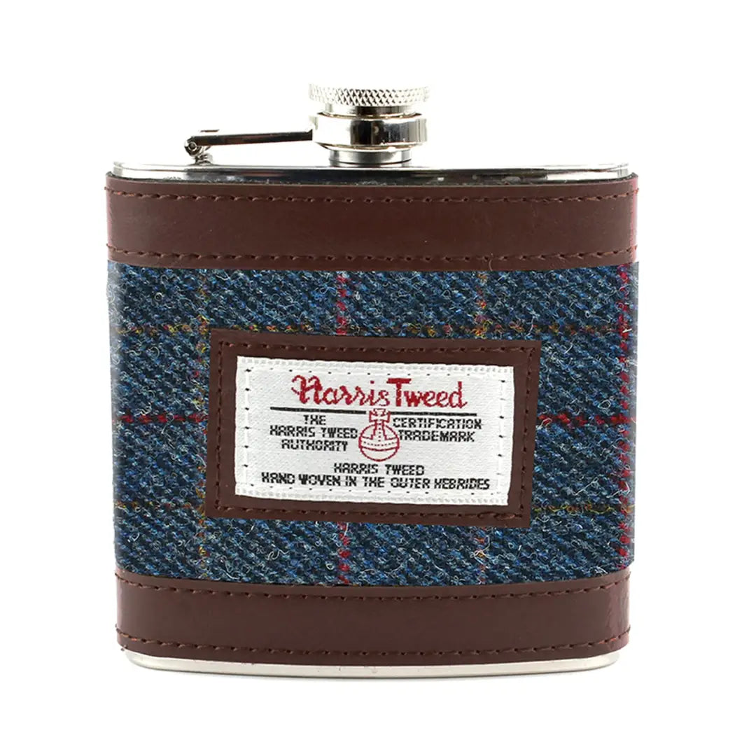 Hip flask in Harris Tweed with leather trim, perfect for country clothing vibes