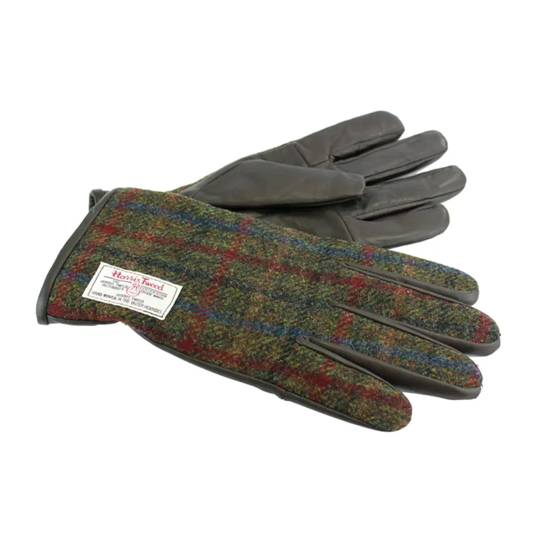 Plaid wool and leather gloves with Harris Tweed label, made from pure virgin wool