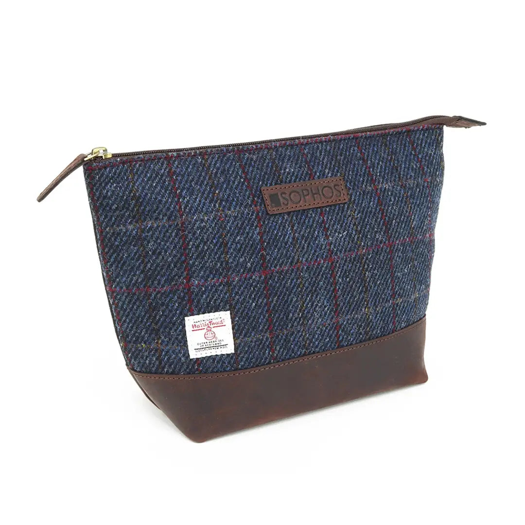 Tweed and leather Harris Tweed Washbag in modern t-bar style with zipper closure