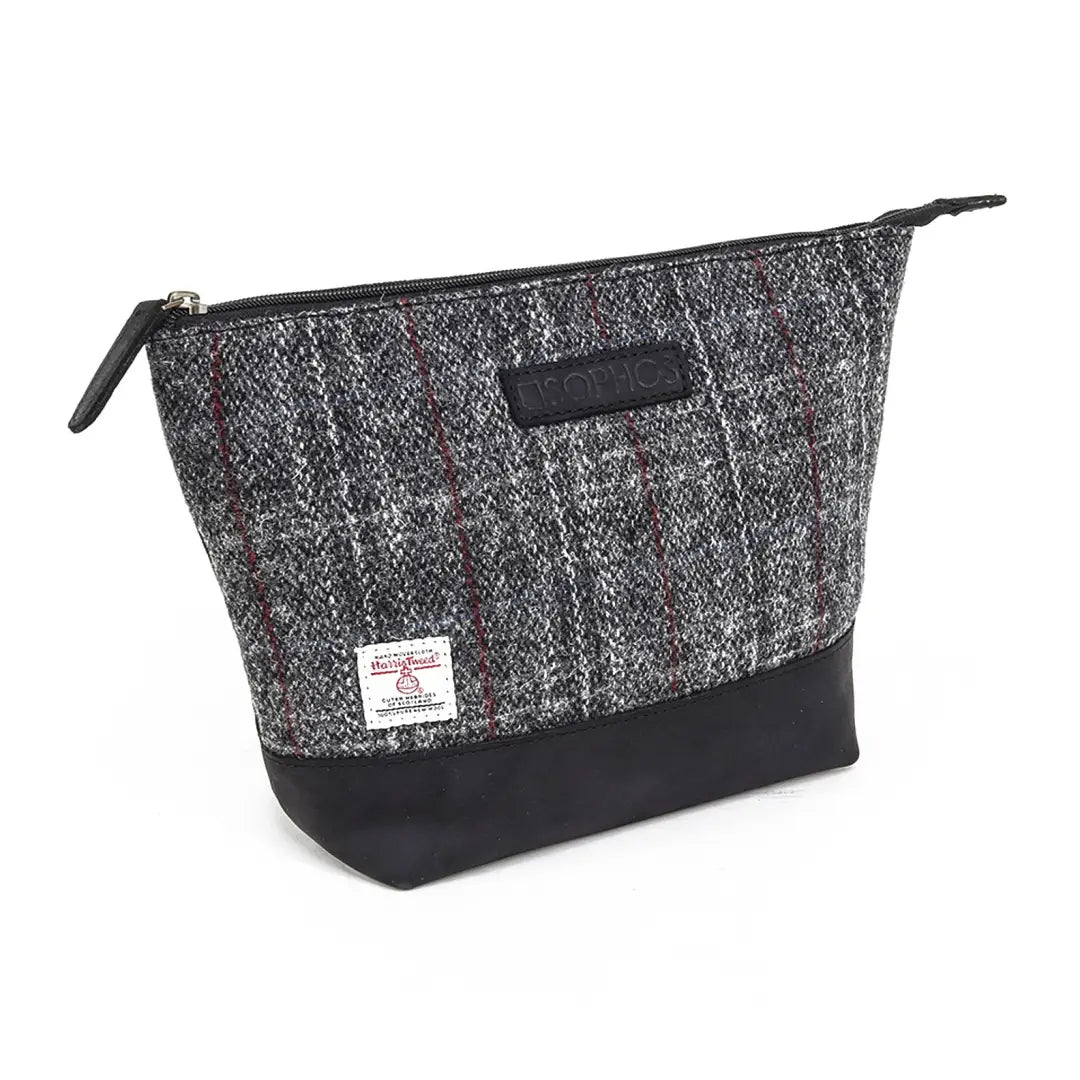 Zippered Harris Tweed washbag in tweed-like fabric with black bottom panel