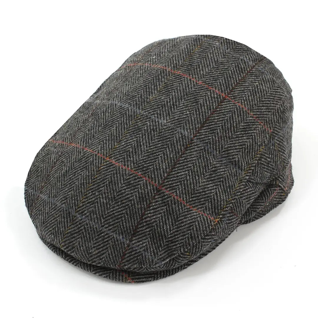 Dark gray herringbone check flat cap with red stripes for country clothing and hunting