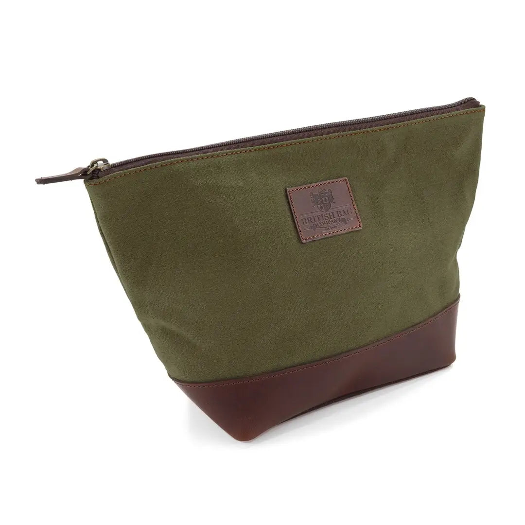 Olive green and brown waxed canvas washbag from British Bag Co for country clothing or hunting