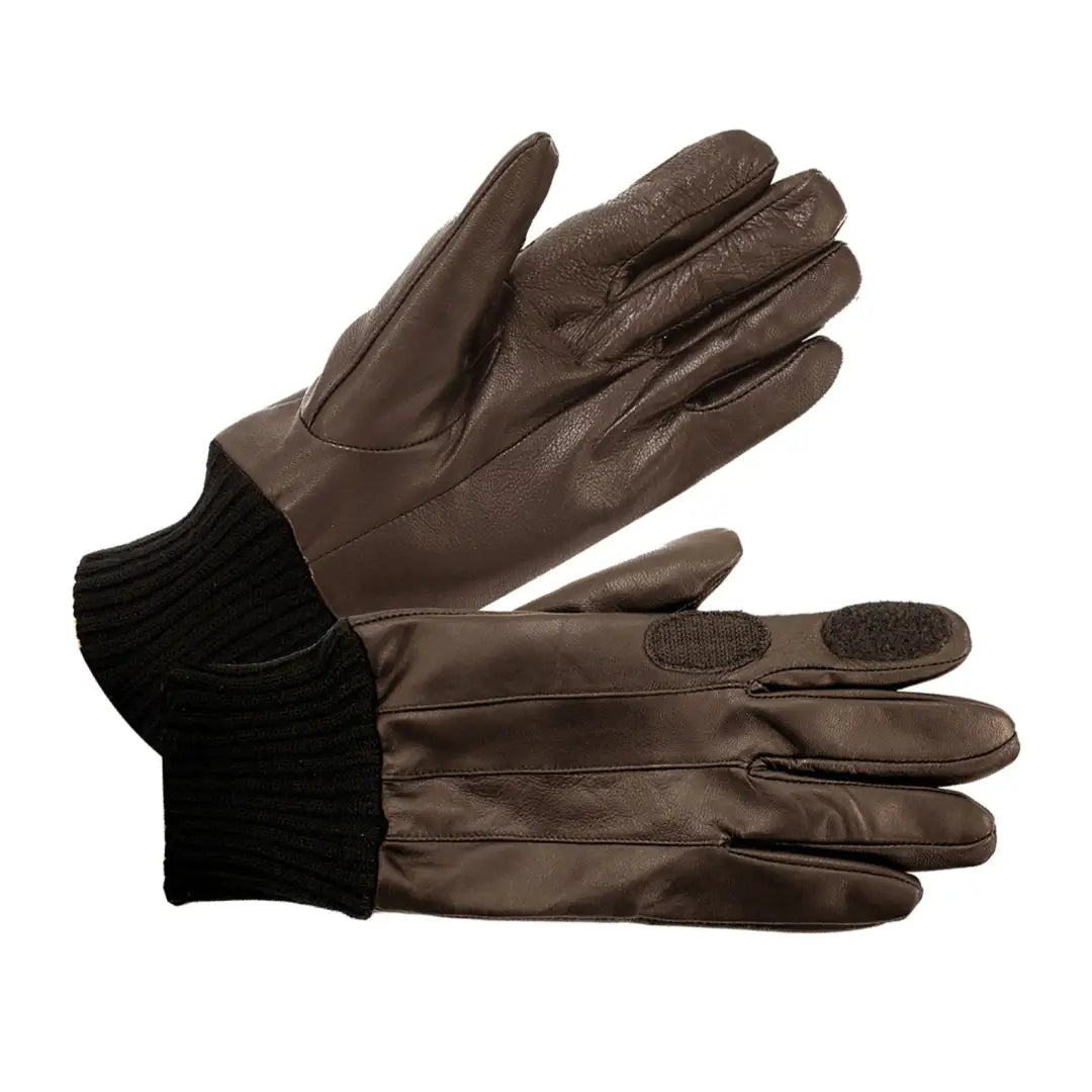 Pair of brown leather shooting gloves with black knit cuffs from British Bag Co