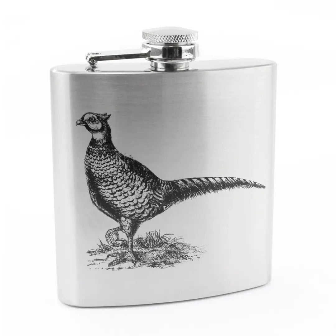 Stainless steel hip flask featuring an embossed pheasant design from British Bag Co