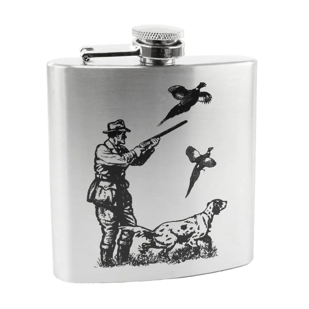 Stylish British Bag Co. Shooting Hip Flask 6oz with embossed shooting design of hunting scene