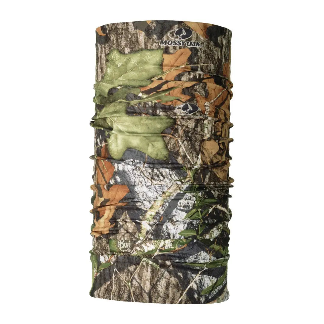 Camouflage neck gaiter with Mossy Oak design offers high UV protection from harmful sun radiation