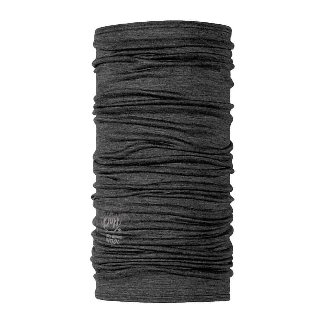 Charcoal gray textured Buff Merino Wool neckwear with horizontal wrinkles