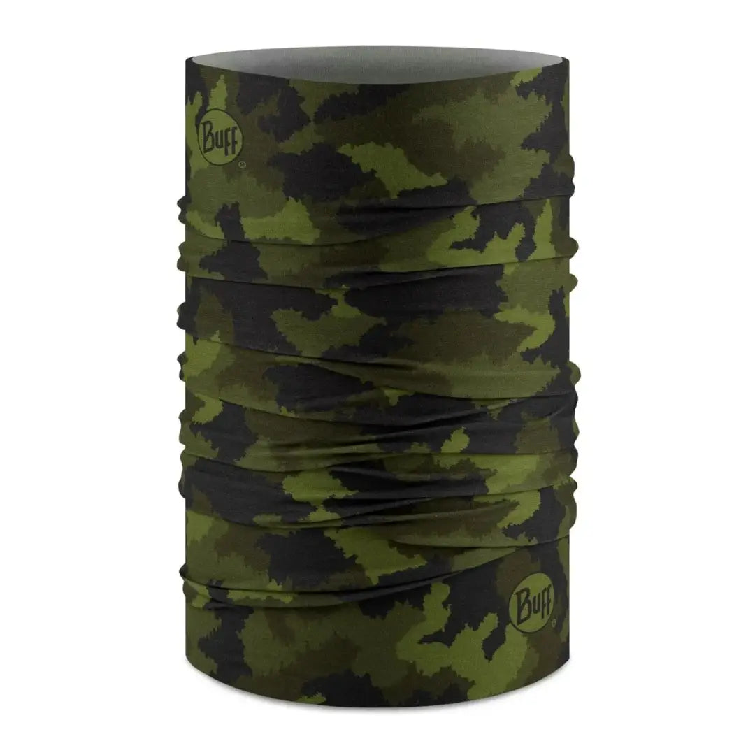 Cylindrical Buff Original EcoStretch Neckwear in green and black camouflage design