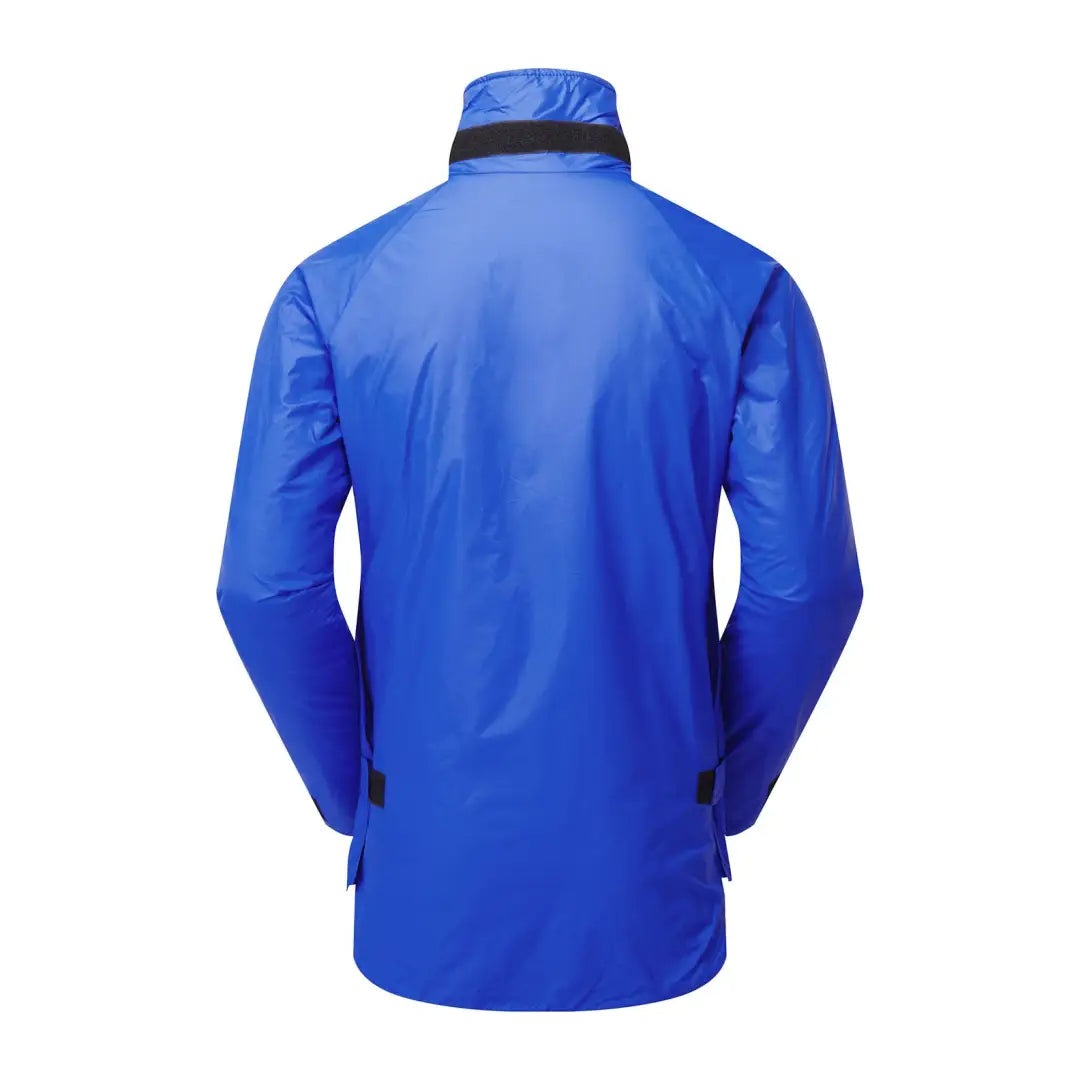 Bright blue waterproof Buffalo Mountain Shirt with a high collar for outdoor adventures