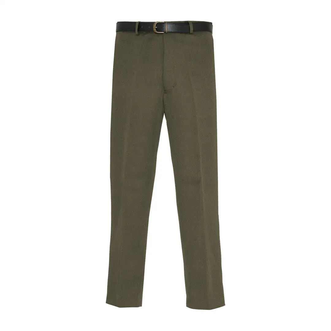 Olive green Cavalry Twill Trousers featuring a stylish black belt for a chic look