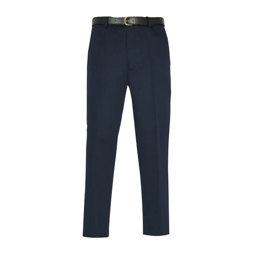 Navy blue Cavalry Twill Trousers with a sleek black belt for a stylish look