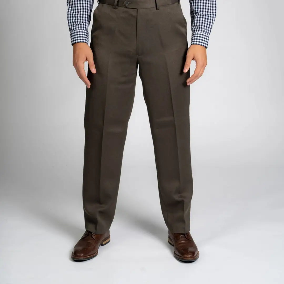 Dark brown Cavalry Twill Trousers with a straight leg cut, superb quality style