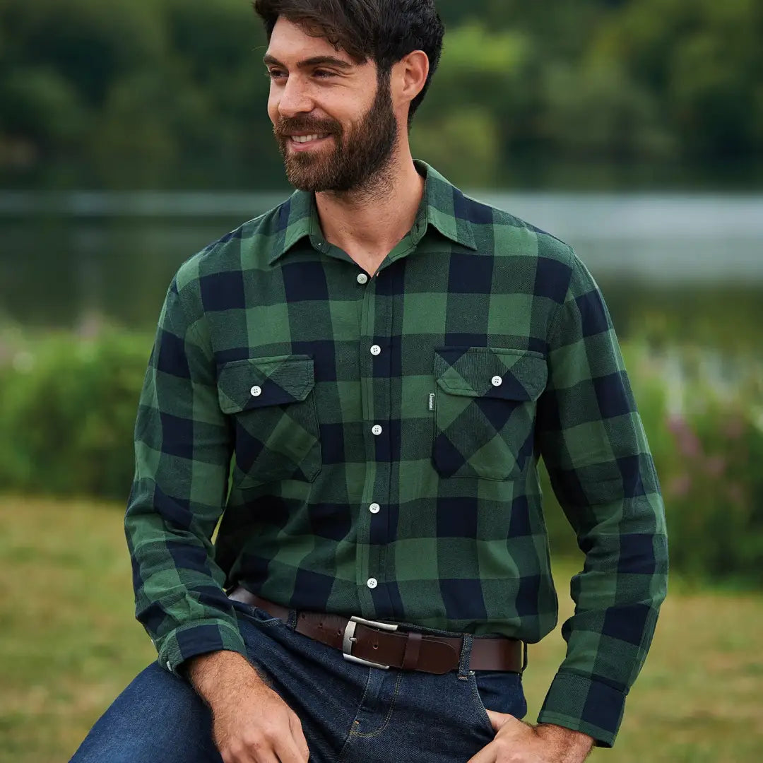 Green and navy plaid flannel Champion Arran Long Sleeve Shirt with two chest pockets