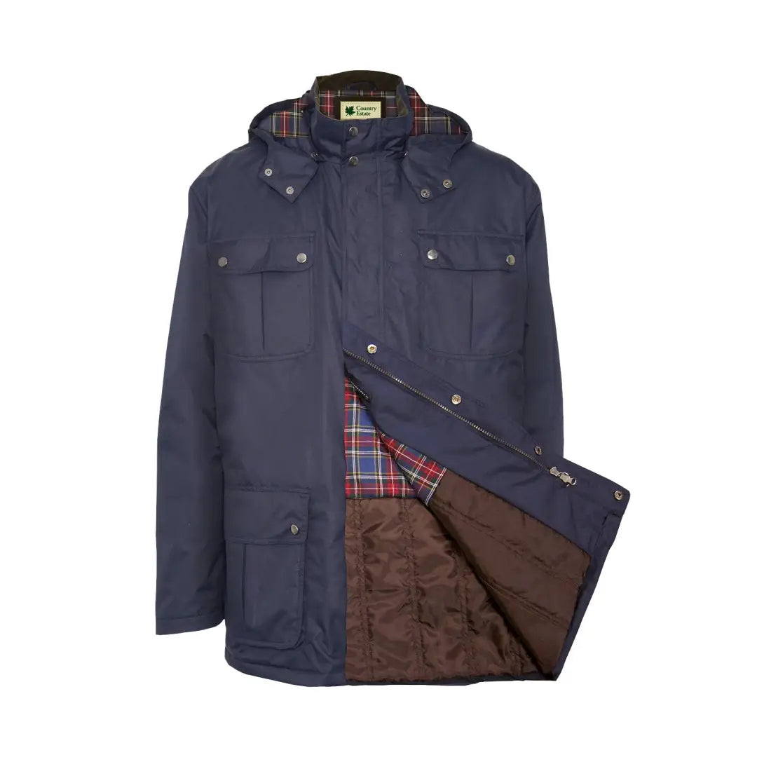 Navy blue Champion Balmoral Jacket with pockets and plaid lining for a stylish look