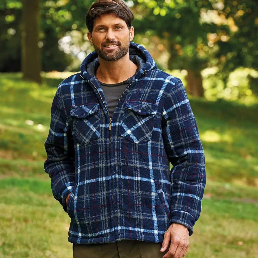 Blue and white plaid flannel Champion Dumfries fleece jacket with a hood