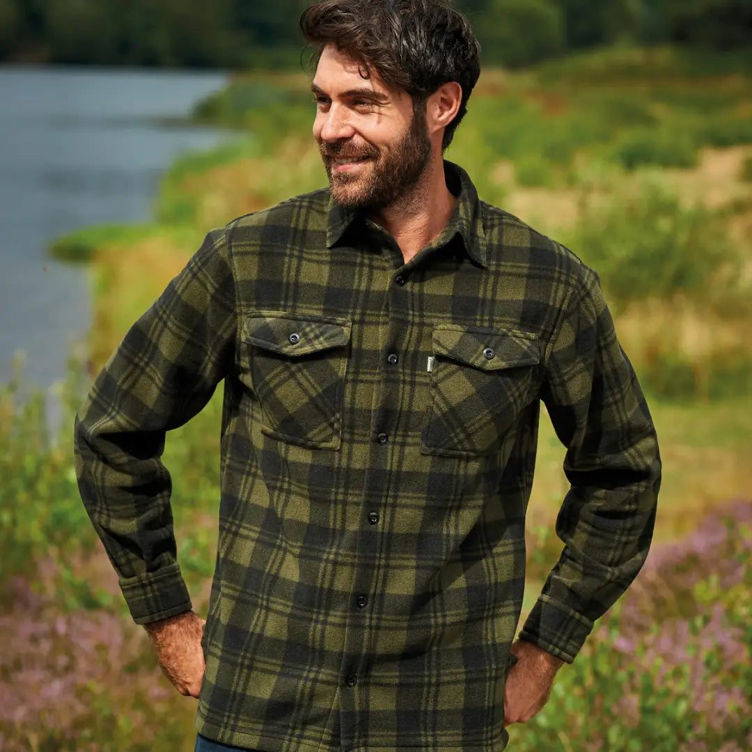 Smiling man in a Green and Black Plaid Champion Eskdale Fleece Shirt with beard